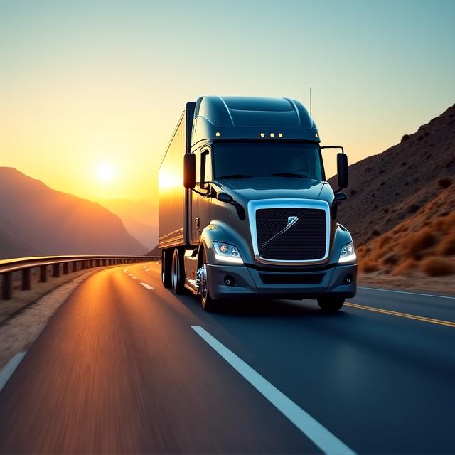 Modern heavy-duty transport truck on a scenic highway at dusk