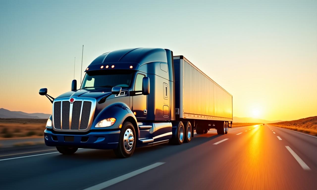 Industrial freight truck on a scenic highway at dawn