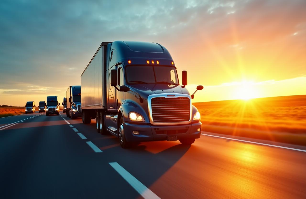 Modern logistics fleet on a sunrise highway